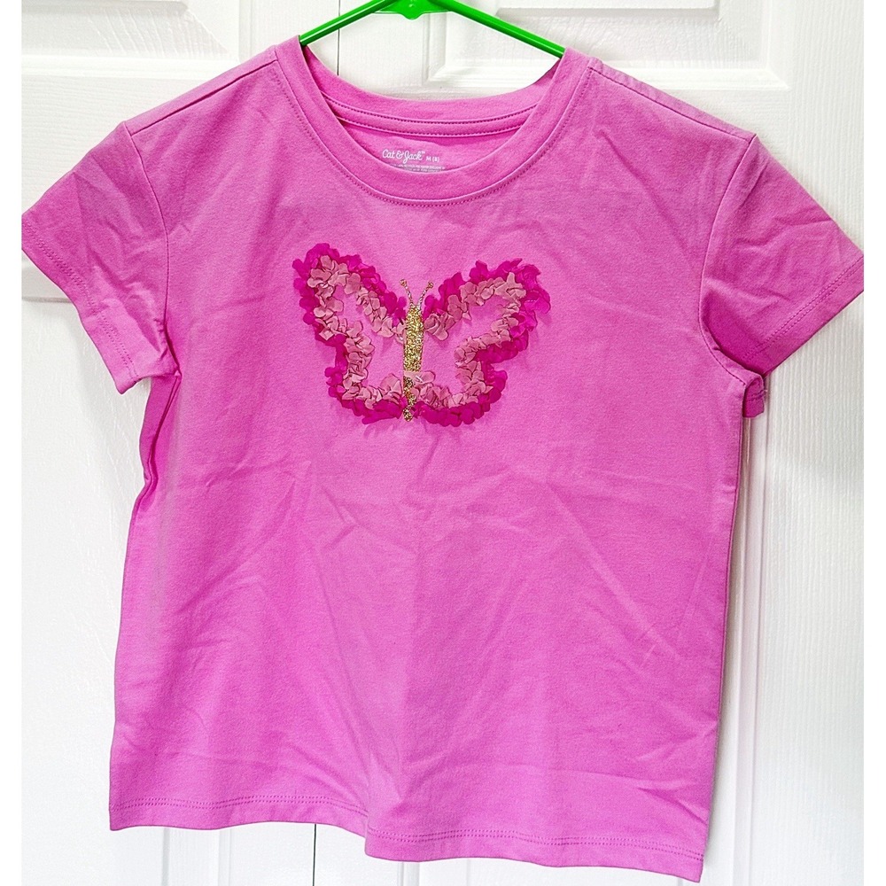 Cat & Jack Pink Butterfly Short Sleeve Youth Shirt In Size 8